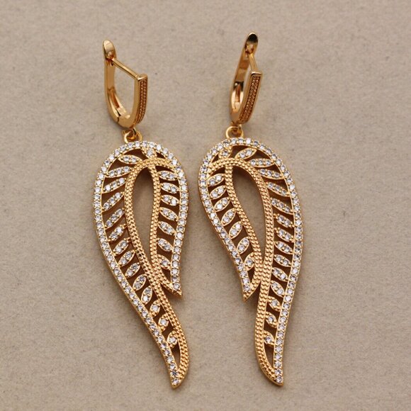 18K Yellow Gold Filled Swirl Wing Leaf Diamond Zircon Dangle Earrings Gorgeous - Picture 2 of 4